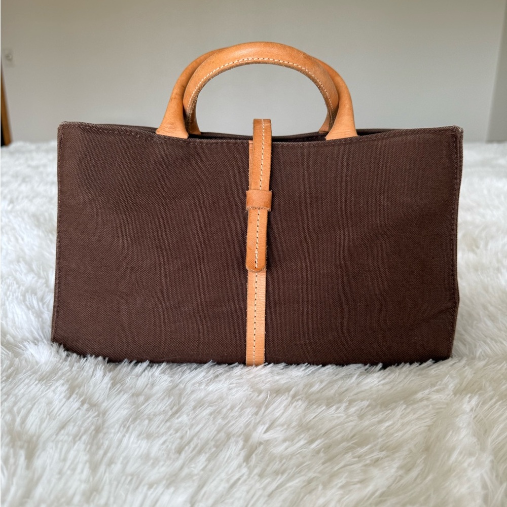 Brown Canvas Tote with Tan Leather Handles